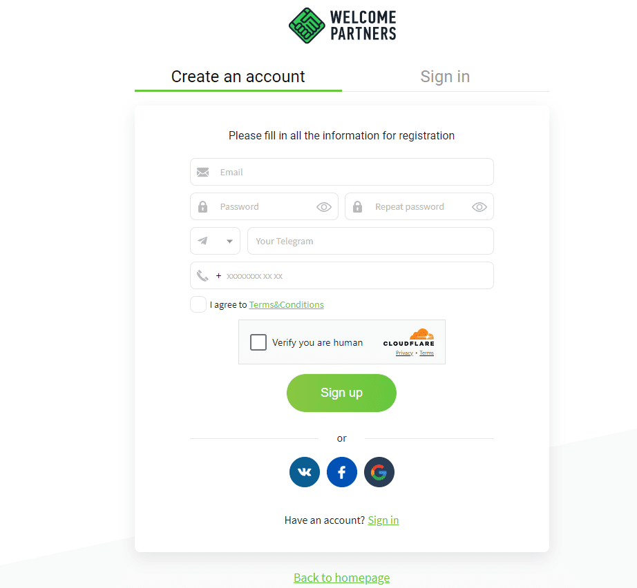 Процесс регистрации в Welcome.Partners