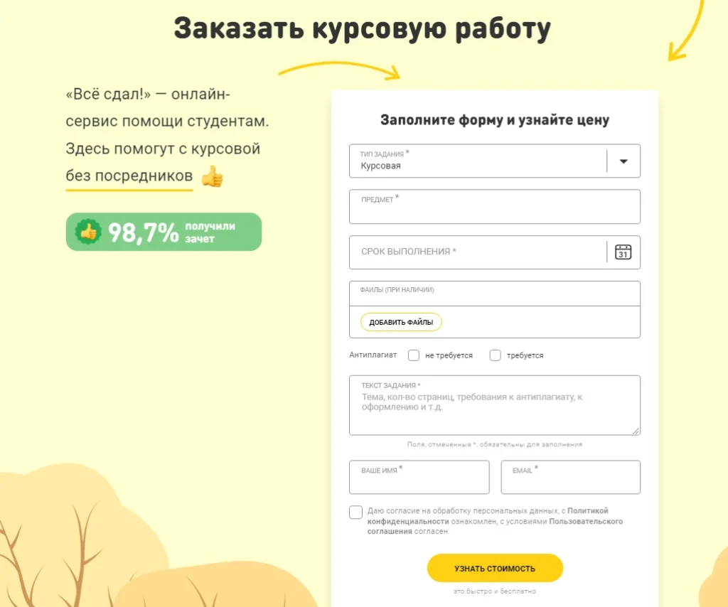Заказать курсовую работу – пример оффера в вертикали обучения