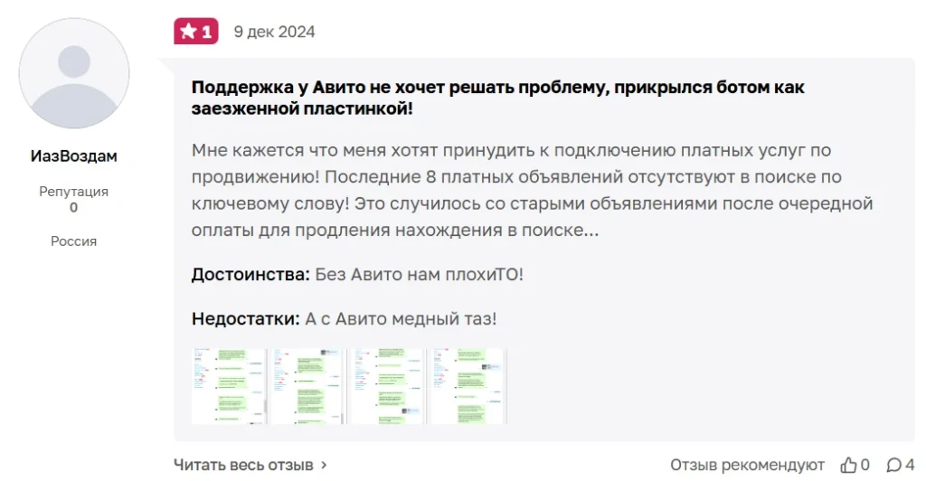 Отзыв о поддержке и платных услугах Авито