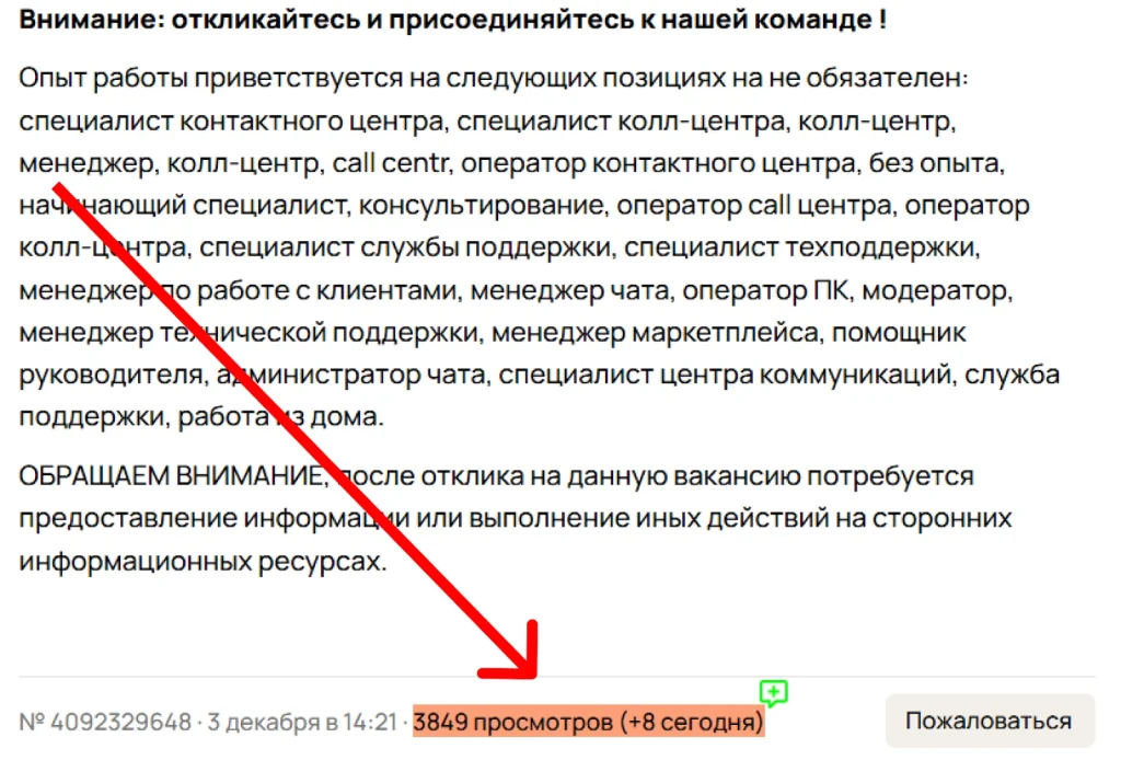 Текст вакансии с количеством просмотров 3849