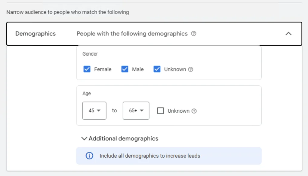 Настройка таргетинга по возрасту в Google Ads – на гипертонию лучше всего работает от 45 до 65 и старше
