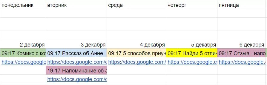 Пример контент-плана с разбивкой по датам