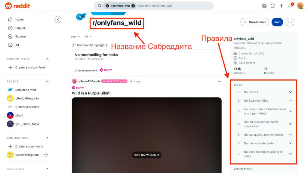 Сверху мы видим название сабреддита, а справа правила