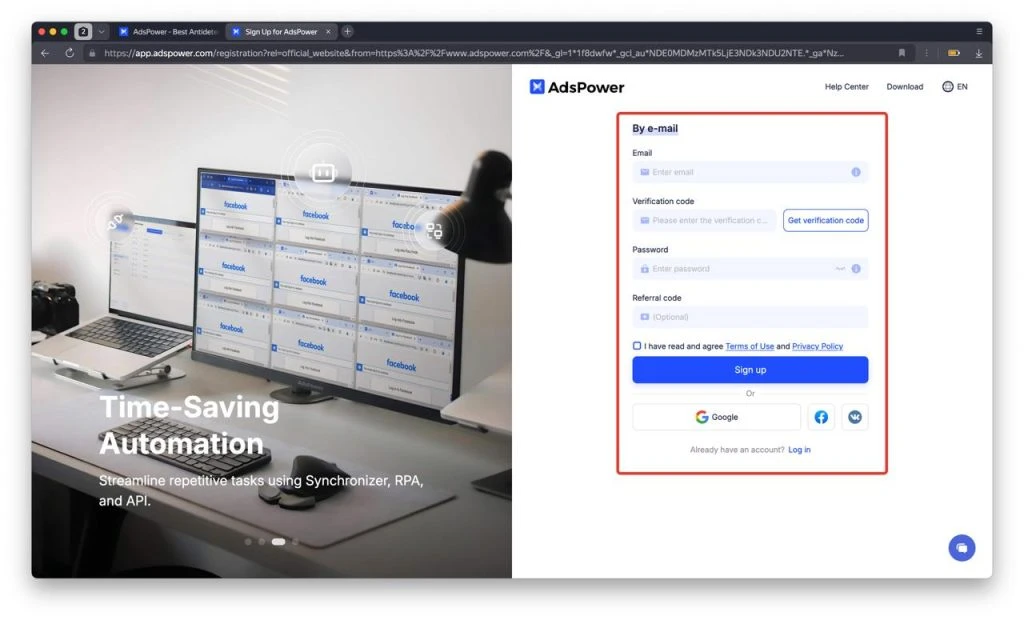 Register in AdsPower
