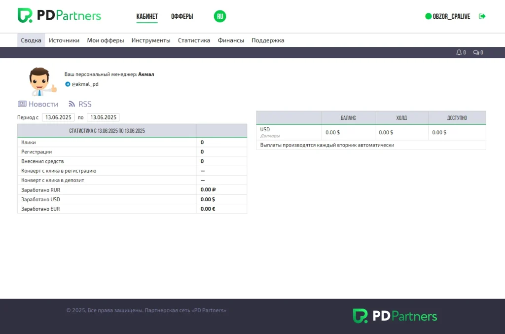 Панель статистики и заработков на платформе PDPartners