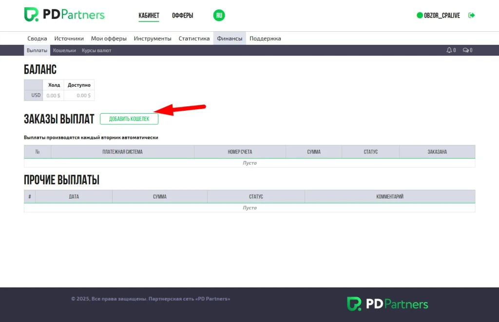 Панель управления выплатами на сайте PDPartners